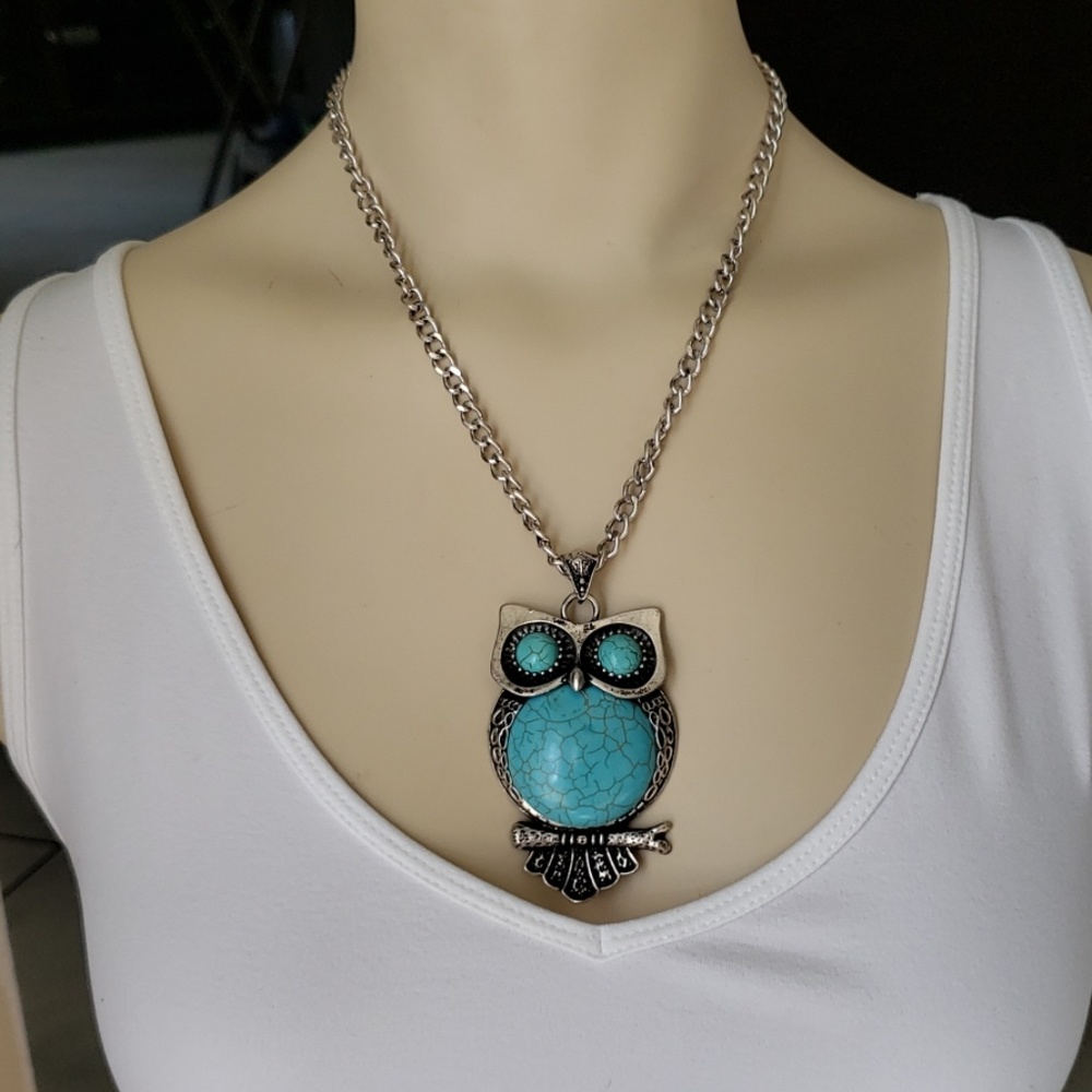 Owl on Branch Faux Turquoise Pendant Necklace